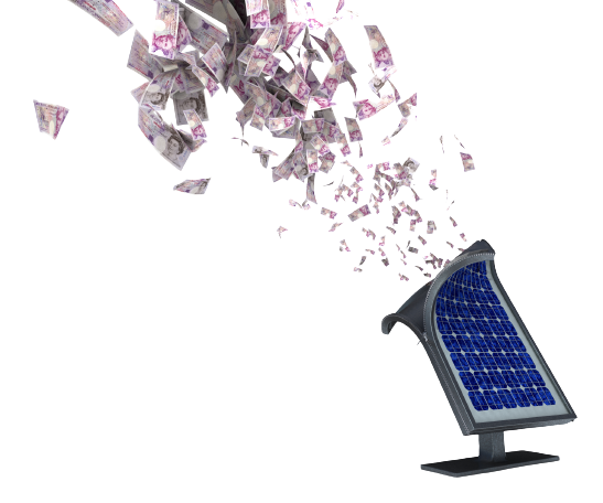 Ein Solarmodul, aus dem Geldscheine herausfliegen.